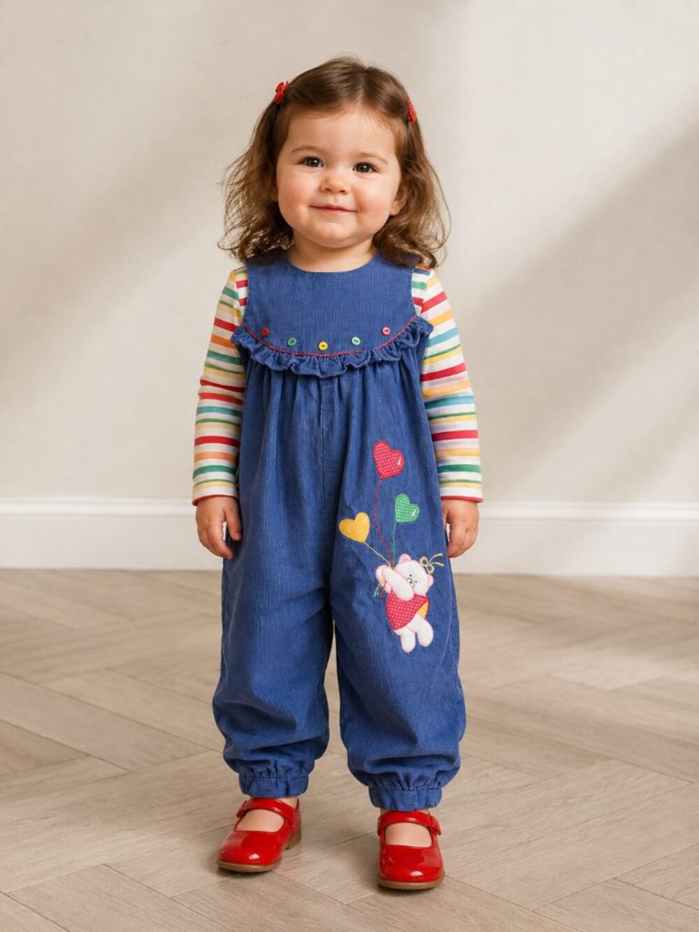 Vintage Blue 80s 90s Corduroy Bear Heart Appliqué Bubble Leg Romper Jumpsuit